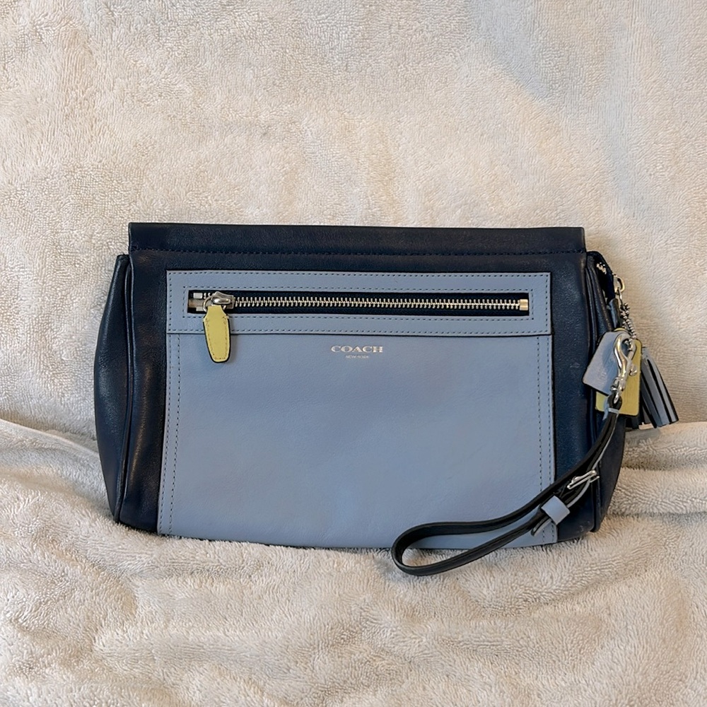 Coach clutch in light blue and navy with lemon accent
